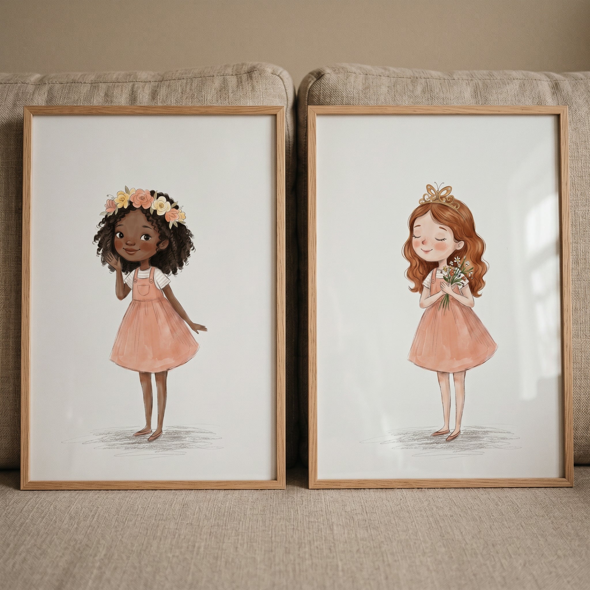 Whimsical Peach Dress Girl Wall Art Set of 2 - Whimsical Garden Girls