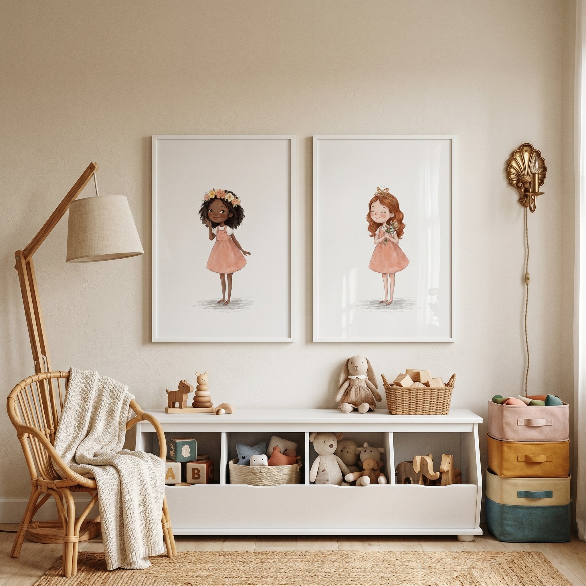Whimsical Peach Dress Girl Wall Art Set of 2 - Whimsical Garden Girls