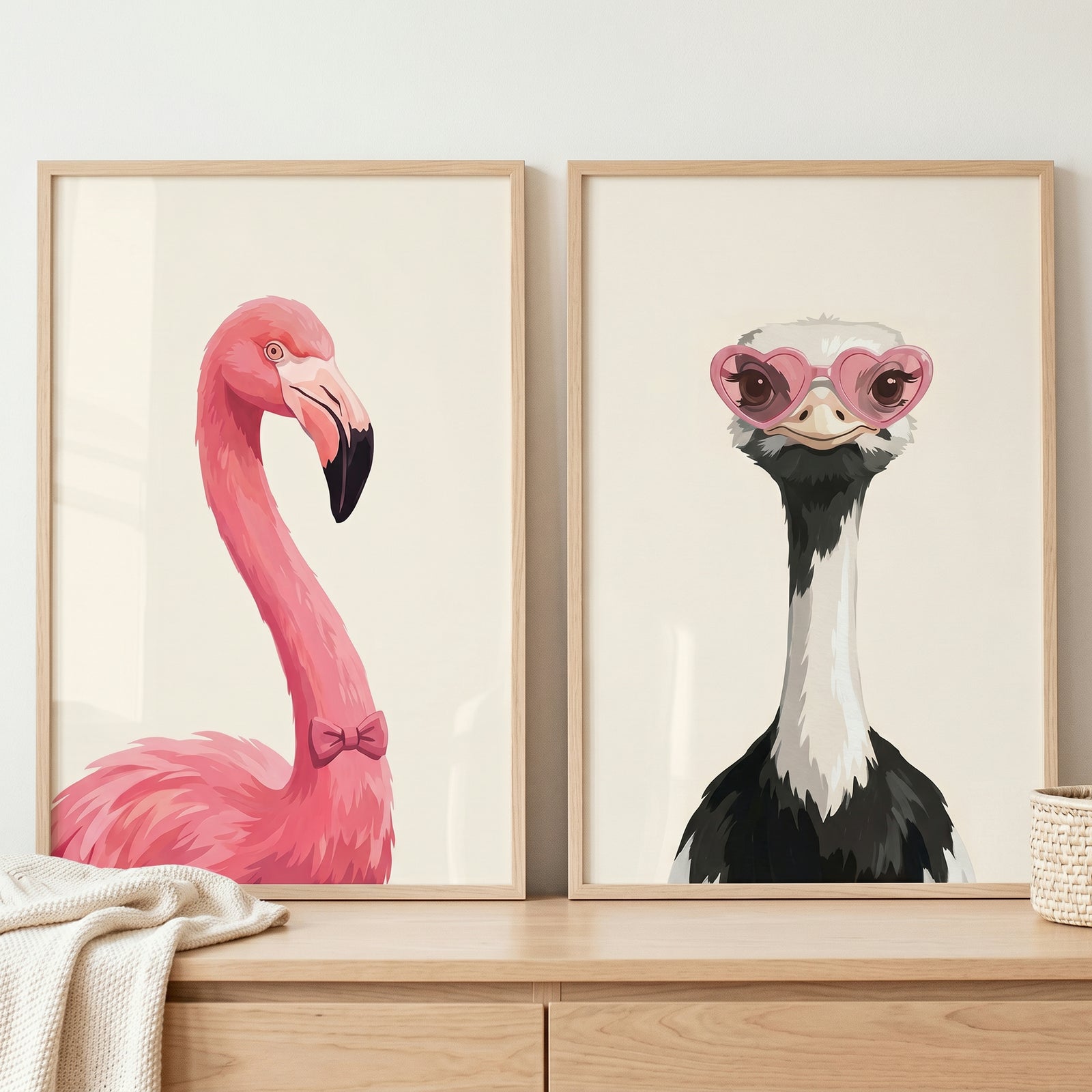 Whimsical pink accessory bird wall art set of 2 featuring a pink flamingo with a bow and an ostrich in heart glasses.