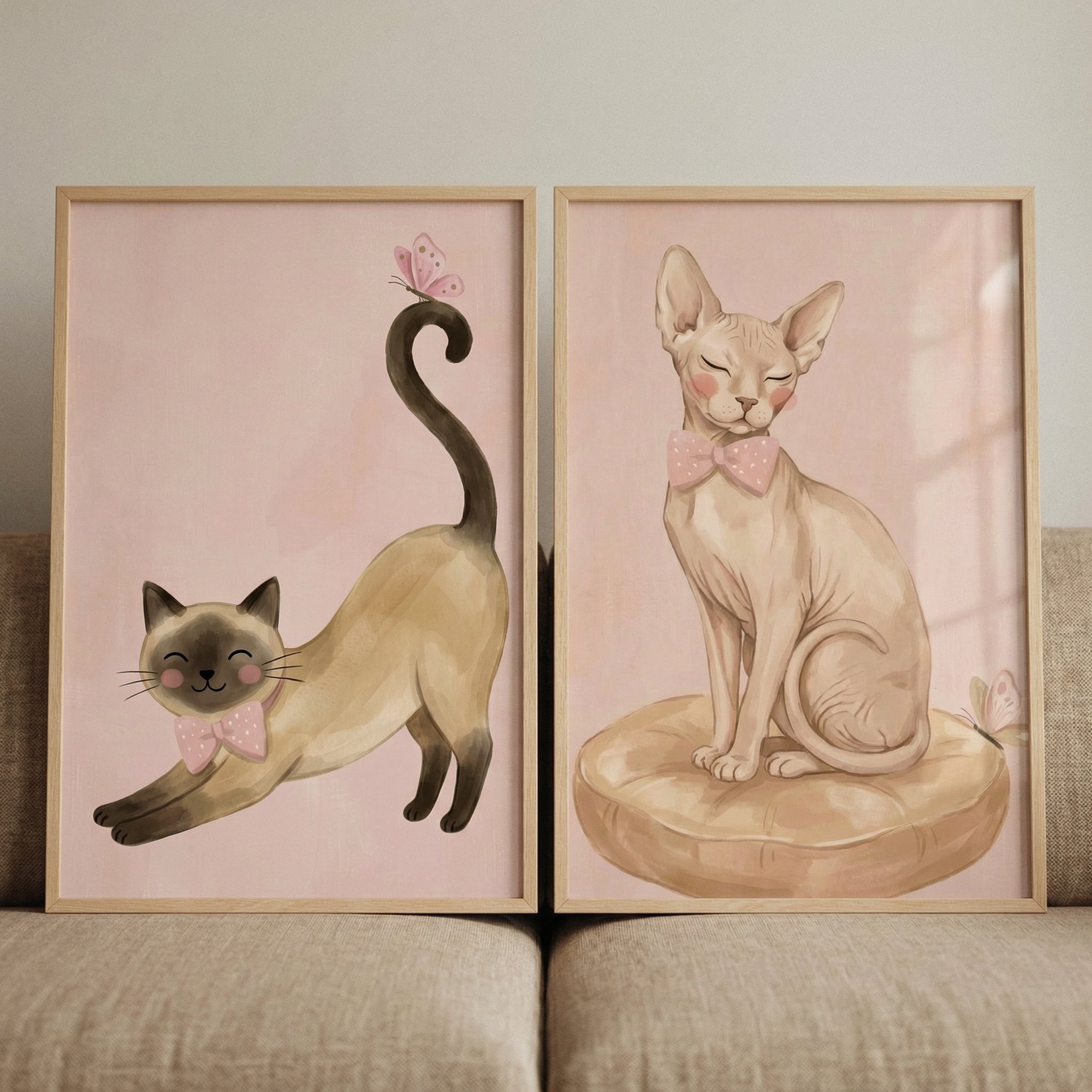 Whimsical Pink Bow Cat Wall Art Set of 2 - Pink Bow Kitties