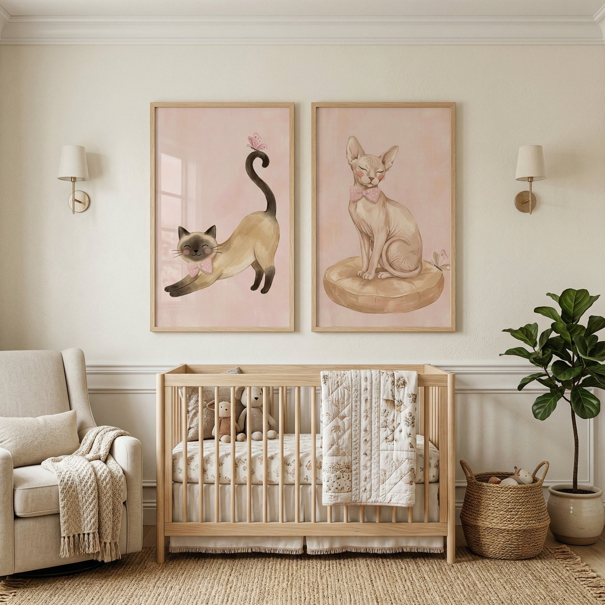 Whimsical Pink Bow Cat Wall Art Set of 2 - Pink Bow Kitties