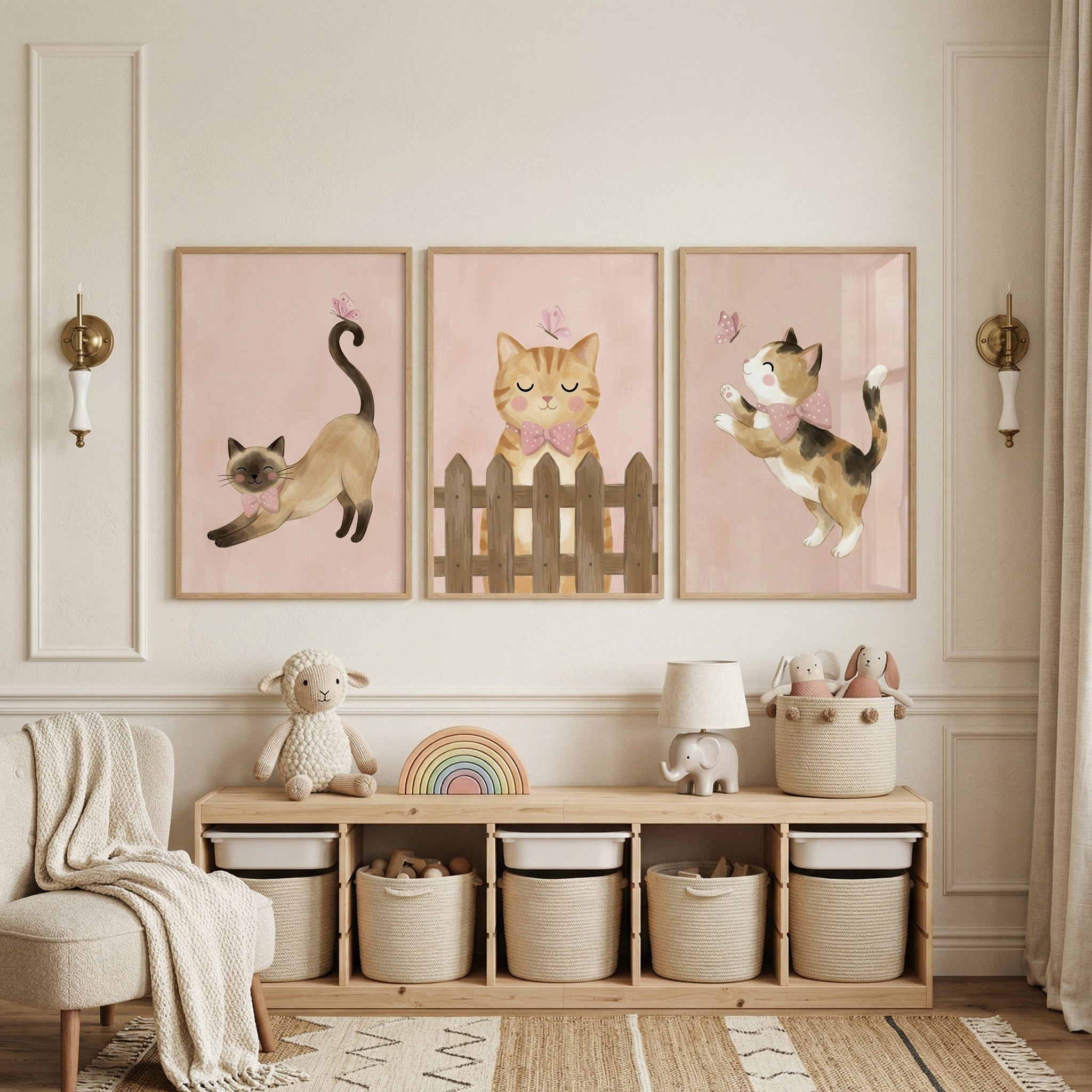 Whimsical Pink Butterfly Cat Wall Art Set of 3 - Sweet Garden Kittens