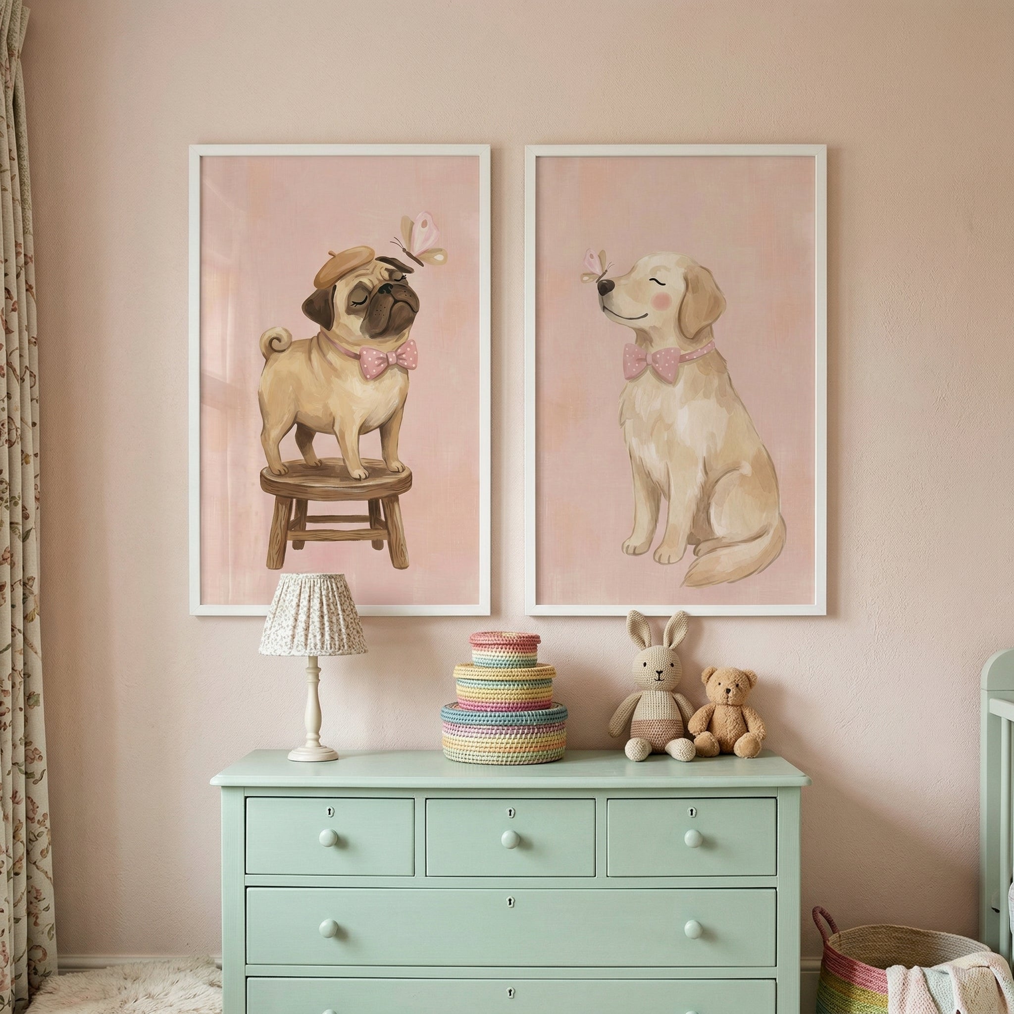 Whimsical Pink Butterfly Dog Wall Art Set of 2 - Sweet Canine Pals