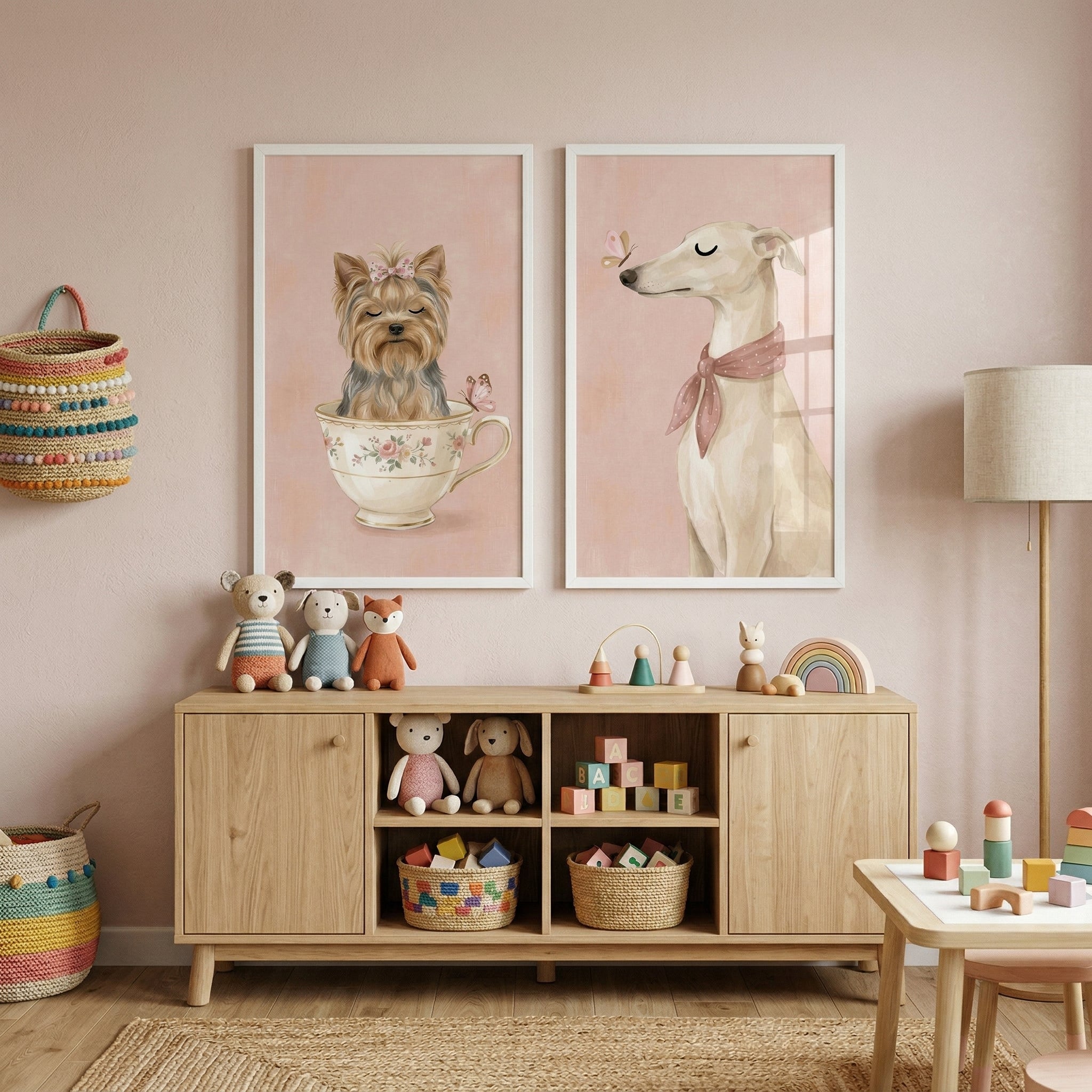 Whimsical Pink Butterfly Dog Wall Art Set of 2 - Sweet Pet Whimsy