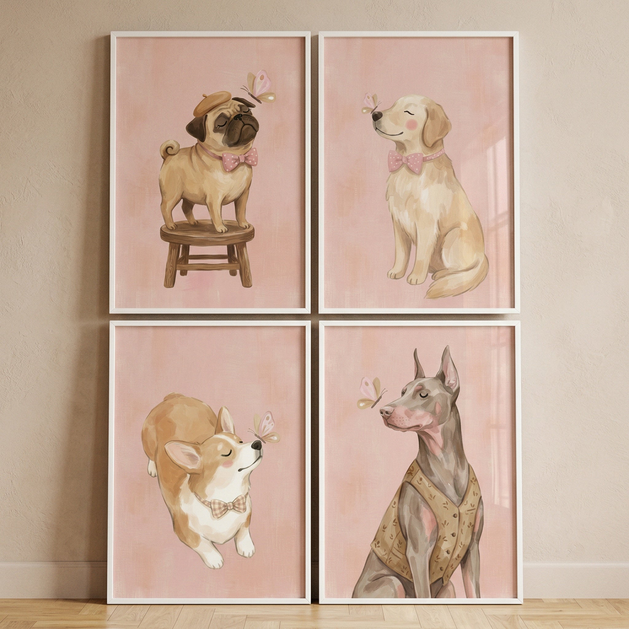 Whimsical Pink Butterfly Dog Wall Art Set of 4 - Whimsical Dog Friends