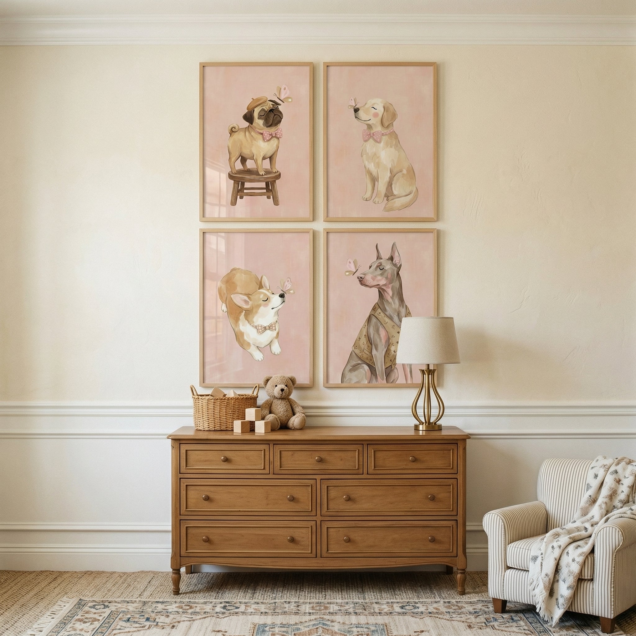 Whimsical Pink Butterfly Dog Wall Art Set of 4 - Whimsical Dog Friends