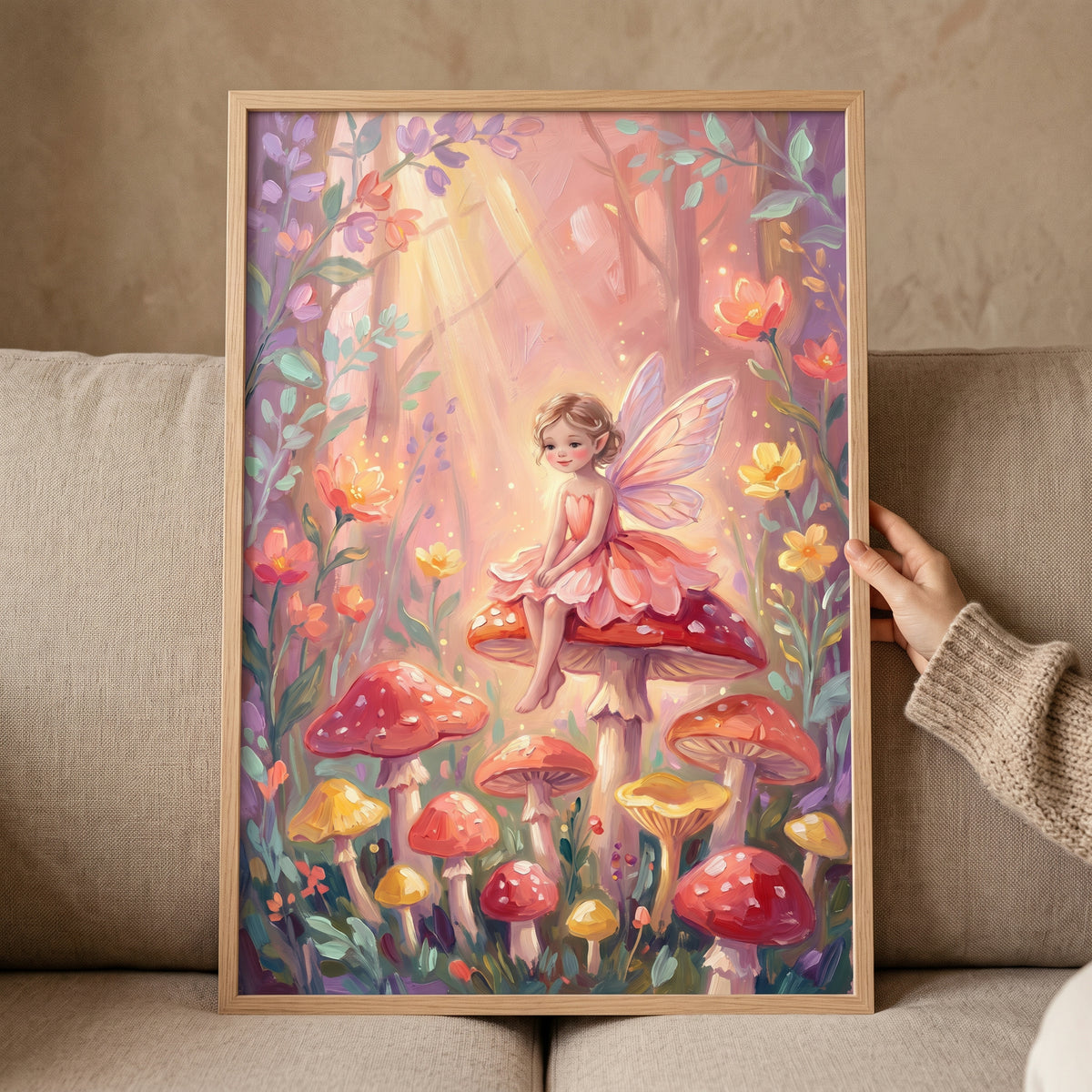 Whimsical Pink Dress Fairy Wall Art - Mushroom Fairy Magic