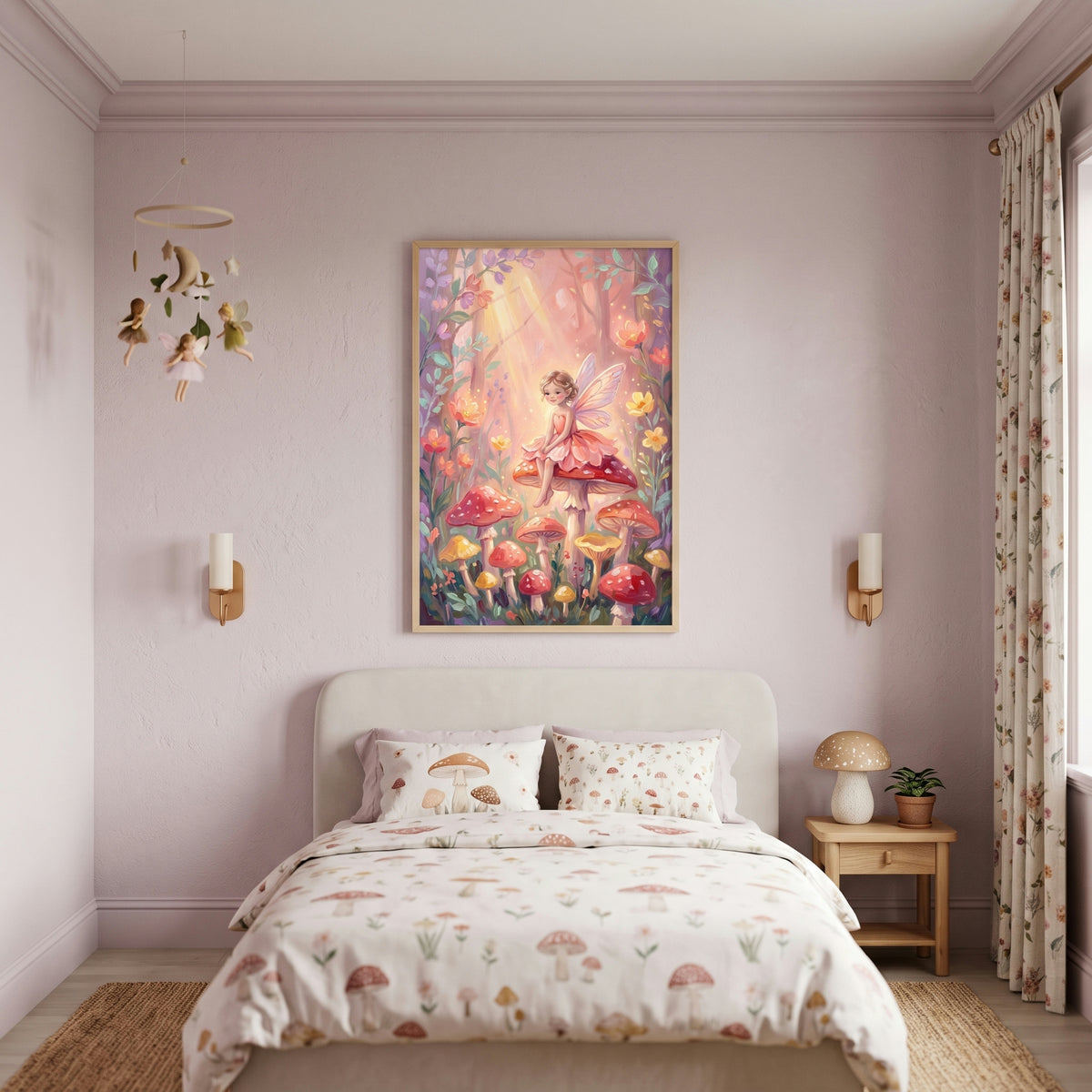 Whimsical Pink Dress Fairy Wall Art - Mushroom Fairy Magic