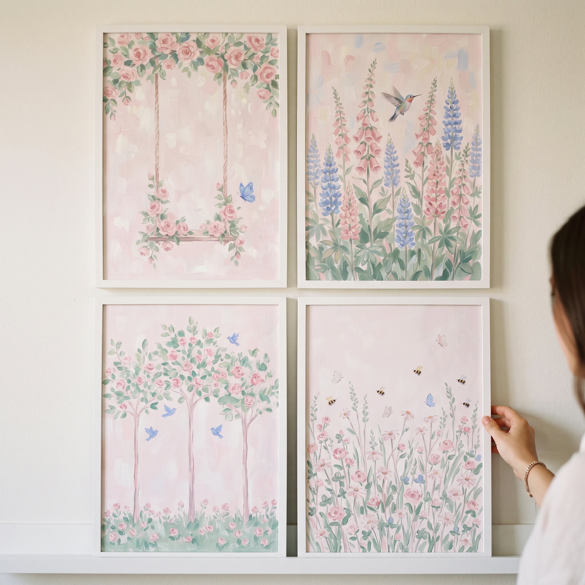 Whimsical Pink Floral Garden Wall Art Set of 4 - Soft Floral Whimsy