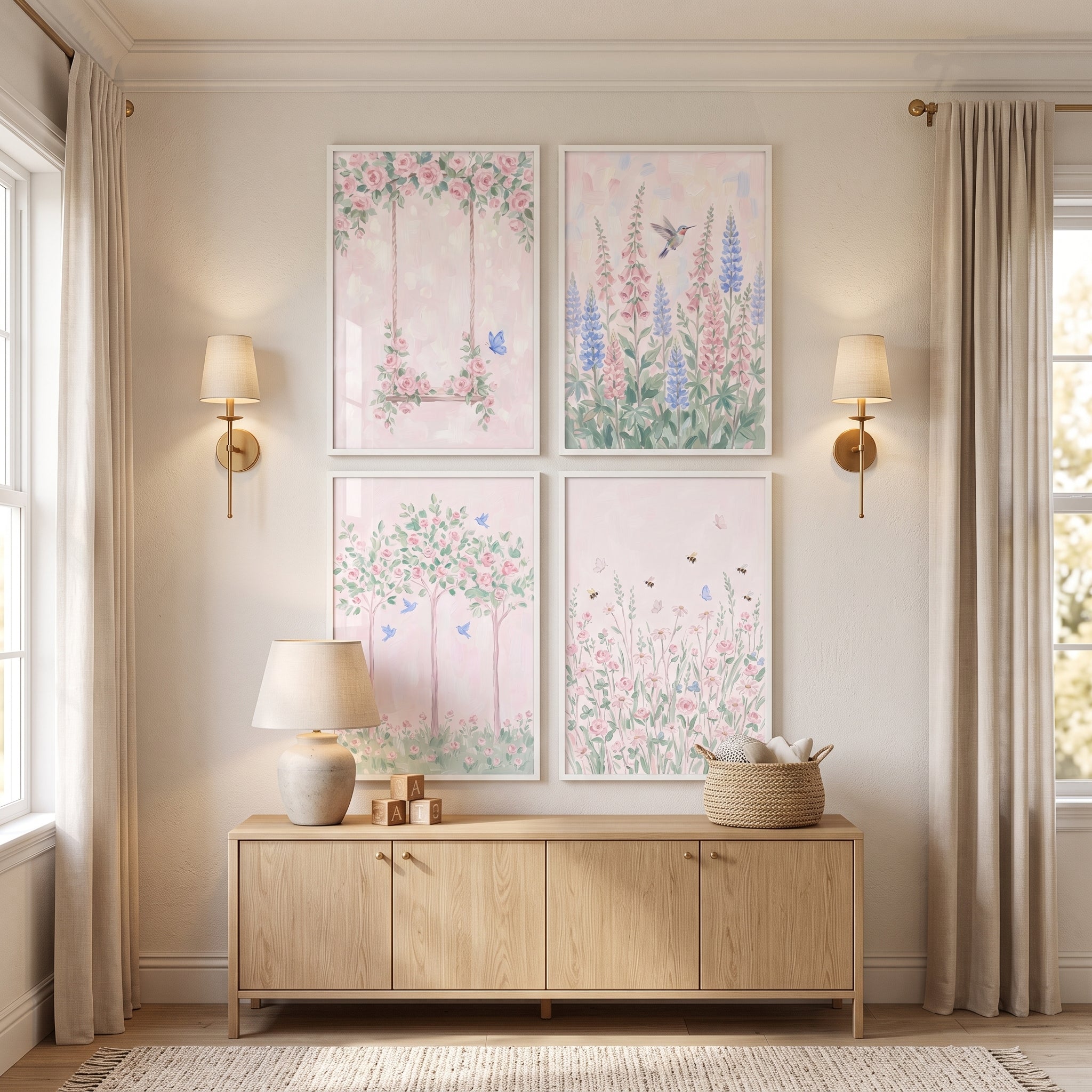 Whimsical Pink Floral Garden Wall Art Set of 4 - Soft Floral Whimsy