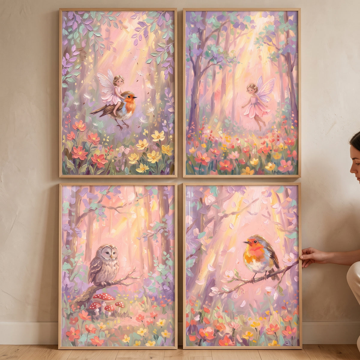 Whimsical pink forest wall art set of 4 featuring fairies, an owl, and robins in a sunlit, floral woodland.