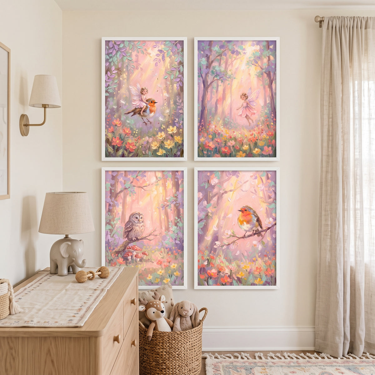 Whimsical Pink Forest Wall Art Set of 4 - Sunlit Magic Woods