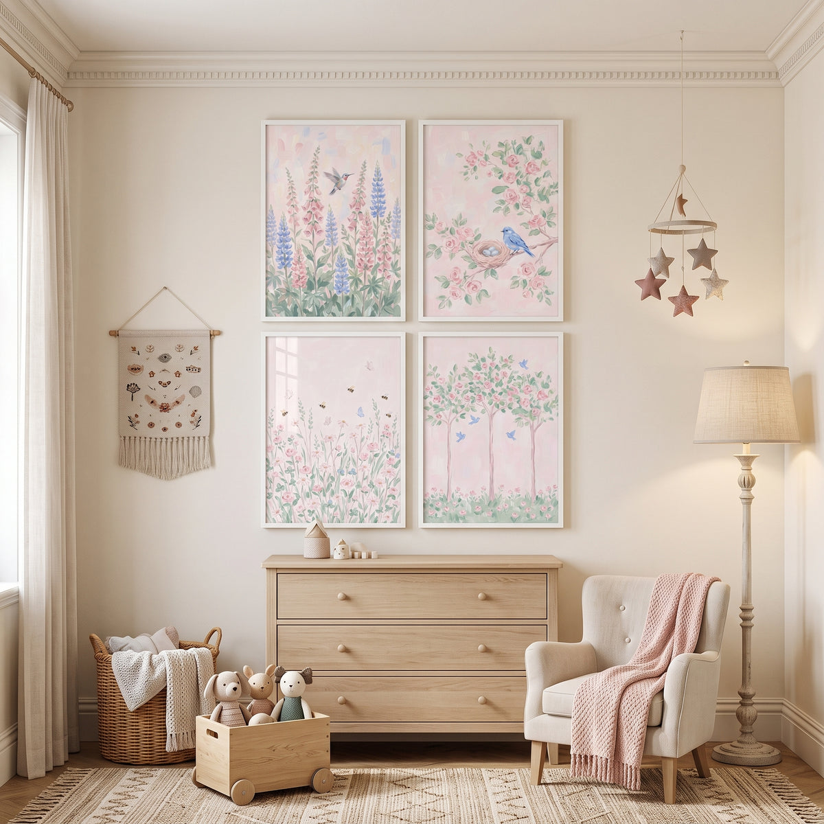 Whimsical Pink Meadow Wall Art Set of 4 - Pastel Petal Dreams
