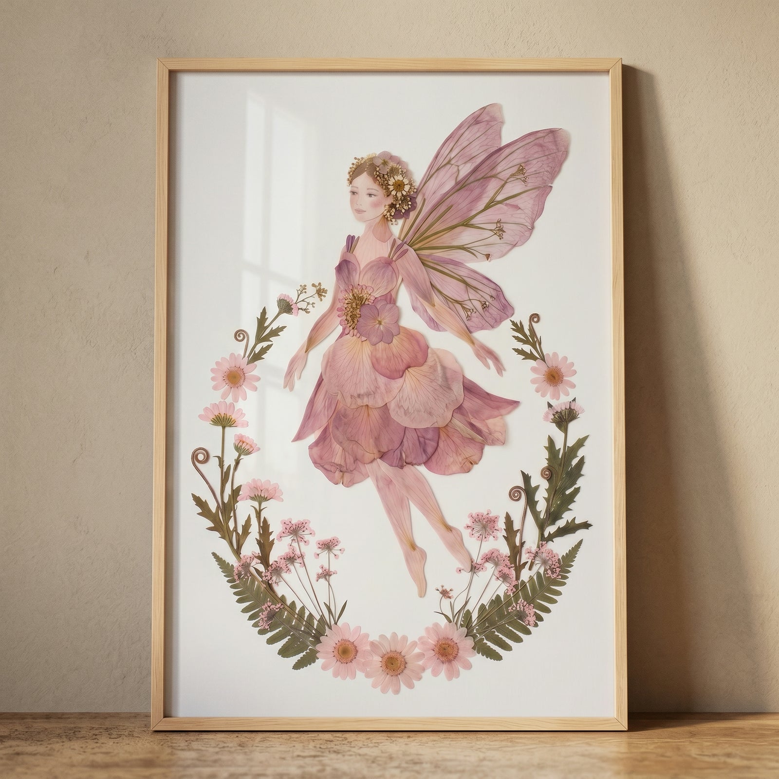 Framed whimsical pink petal fairy wall art featuring a winged floral sprite encircled by a wreath of pink flowers.