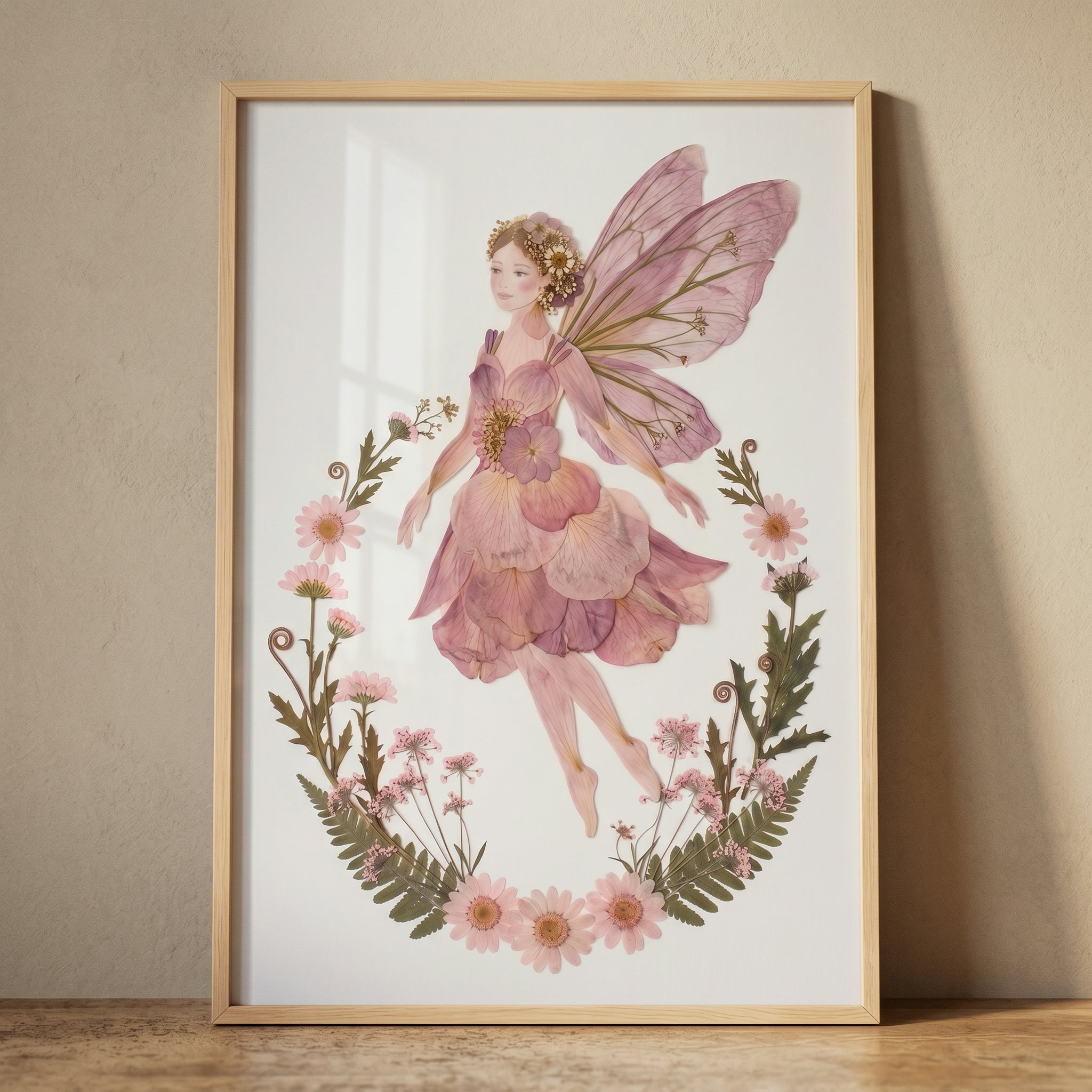 Whimsical Pink Petal Fairy Wall Art - Pressed Petal Sprite