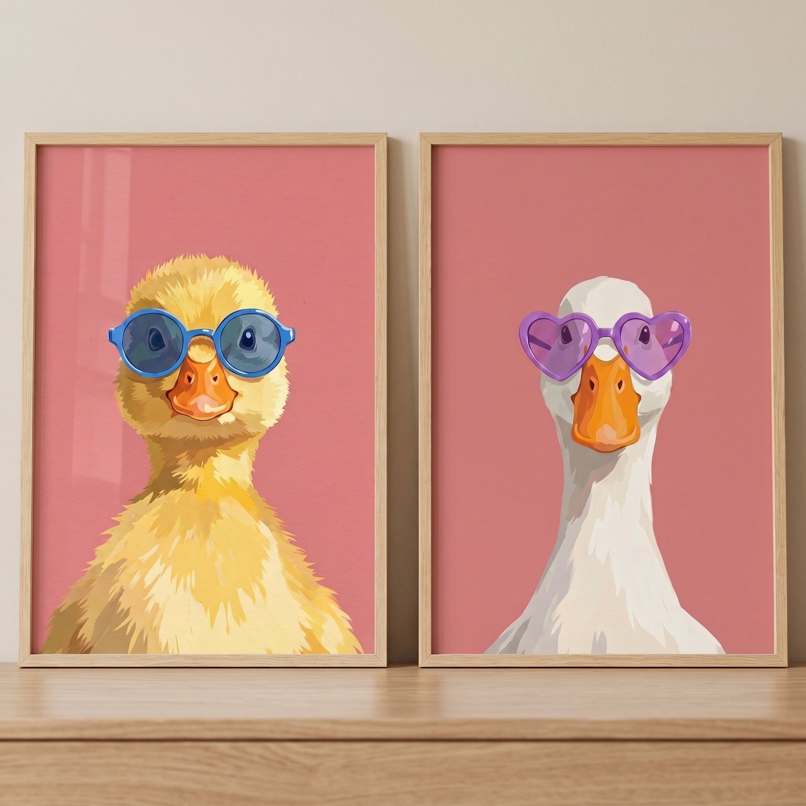 Yellow duckling and white duck with colorful shades feature in this whimsical pink sunglasses duck wall art set of 2.