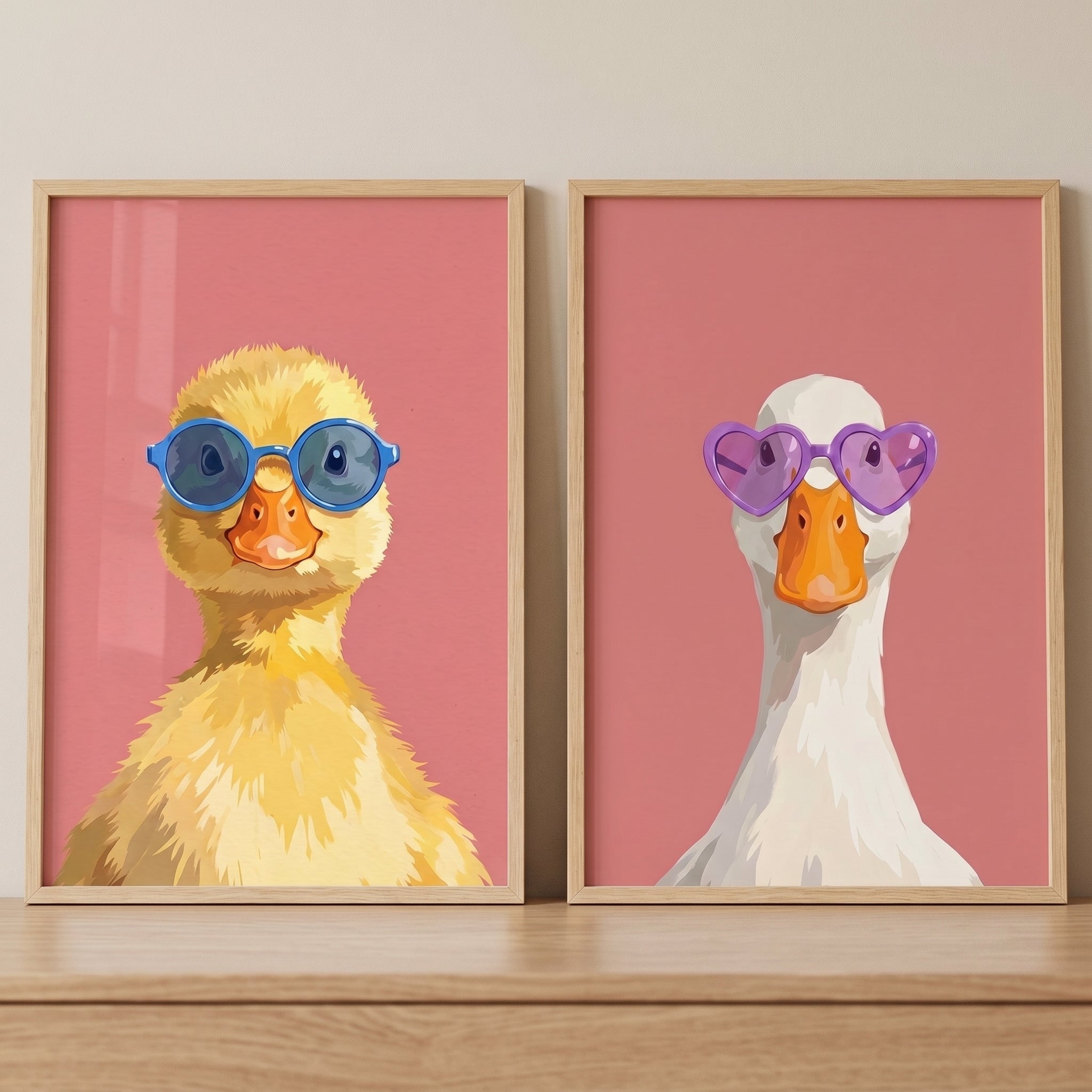 Whimsical Pink Sunglasses Duck Wall Art Set of 2 - Shady Duck Duo