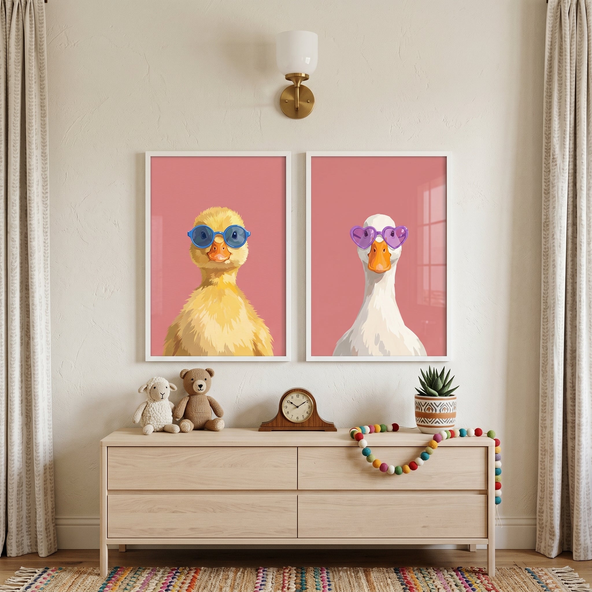 Whimsical Pink Sunglasses Duck Wall Art Set of 2 - Shady Duck Duo