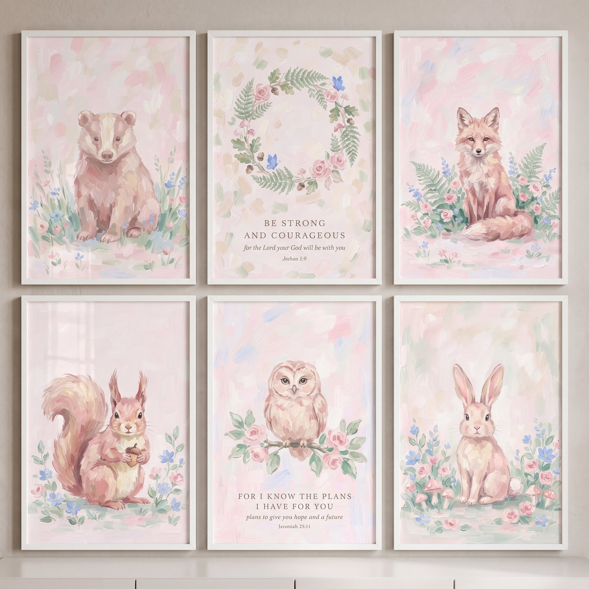 Whimsical pink woodland animals wall art set of 6 featuring a fox, badger, squirrel, owl, rabbit, and Bible verses.