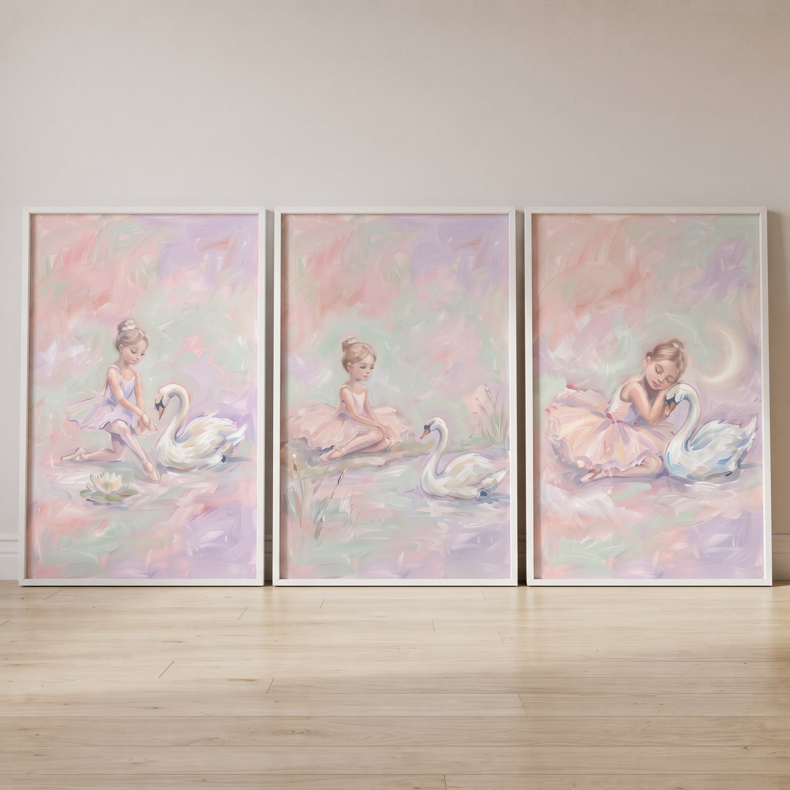 Whimsical pond ballet swan wall art set of 3 featuring a girl in a pink tutu and a swan in soft pastel colors.