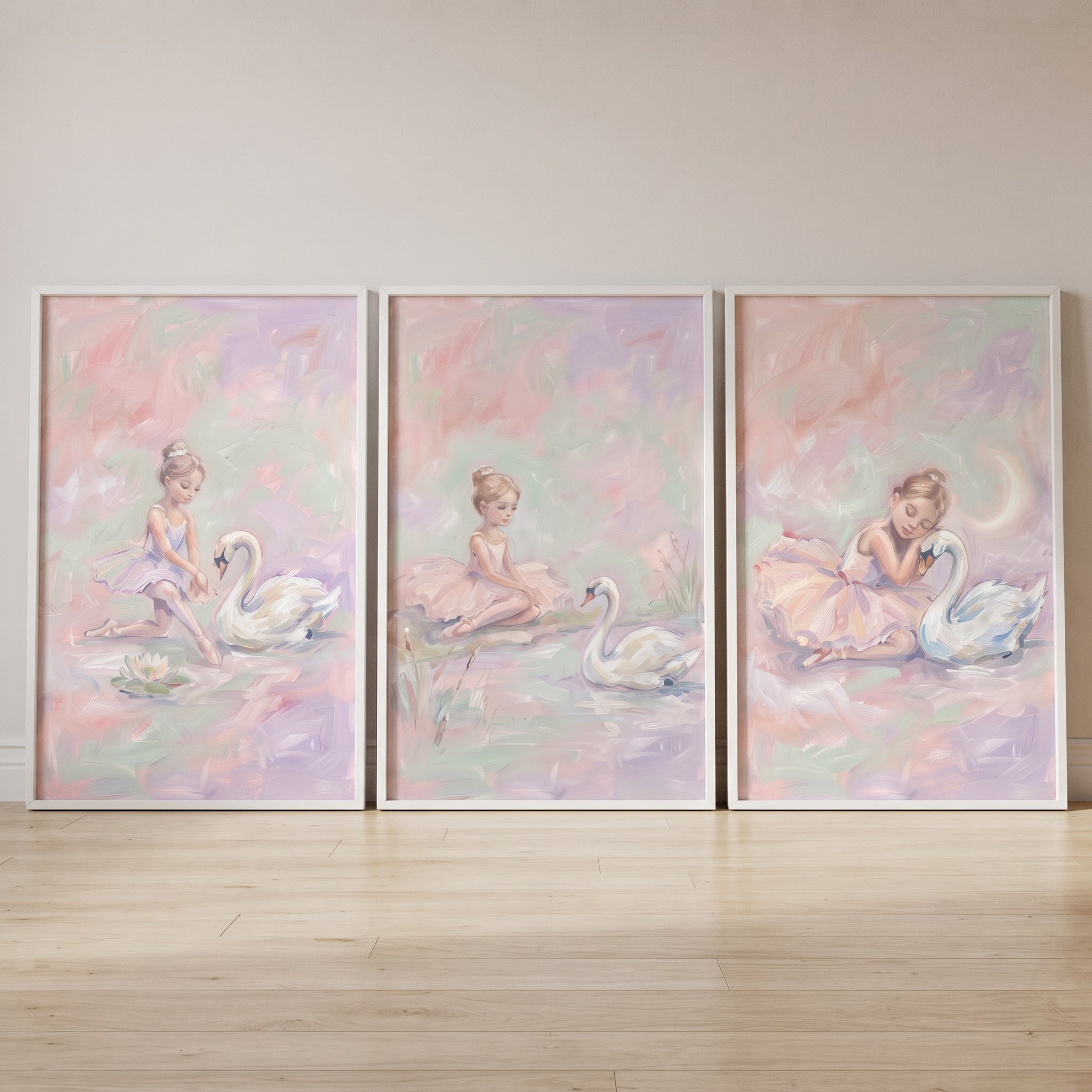 Whimsical Pond Ballet Swan Wall Art Set of 3 - Gentle Swan Dreams