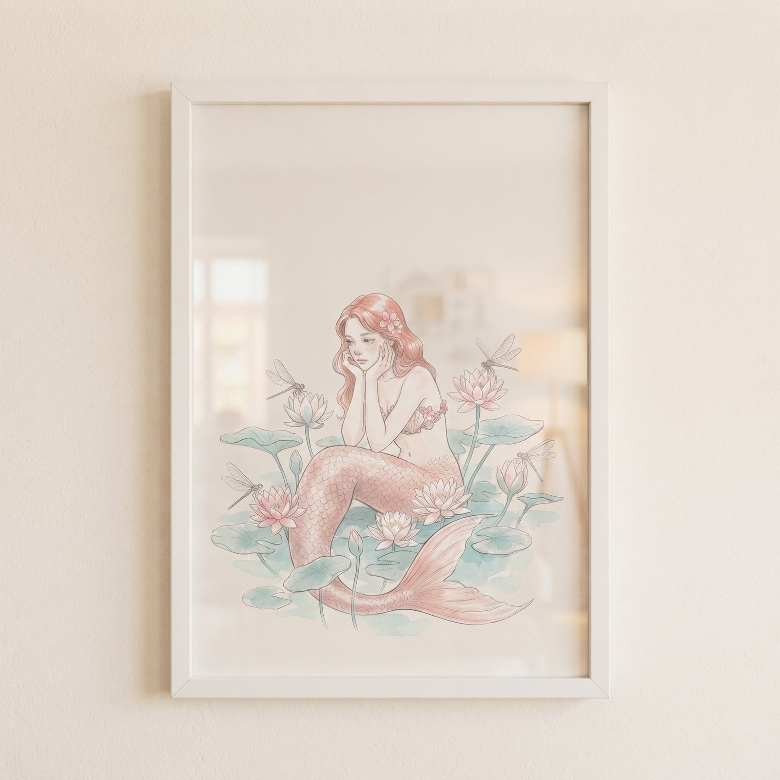 Framed whimsical pond lotus mermaid wall art featuring a pink mermaid resting among dragonflies and flowers.