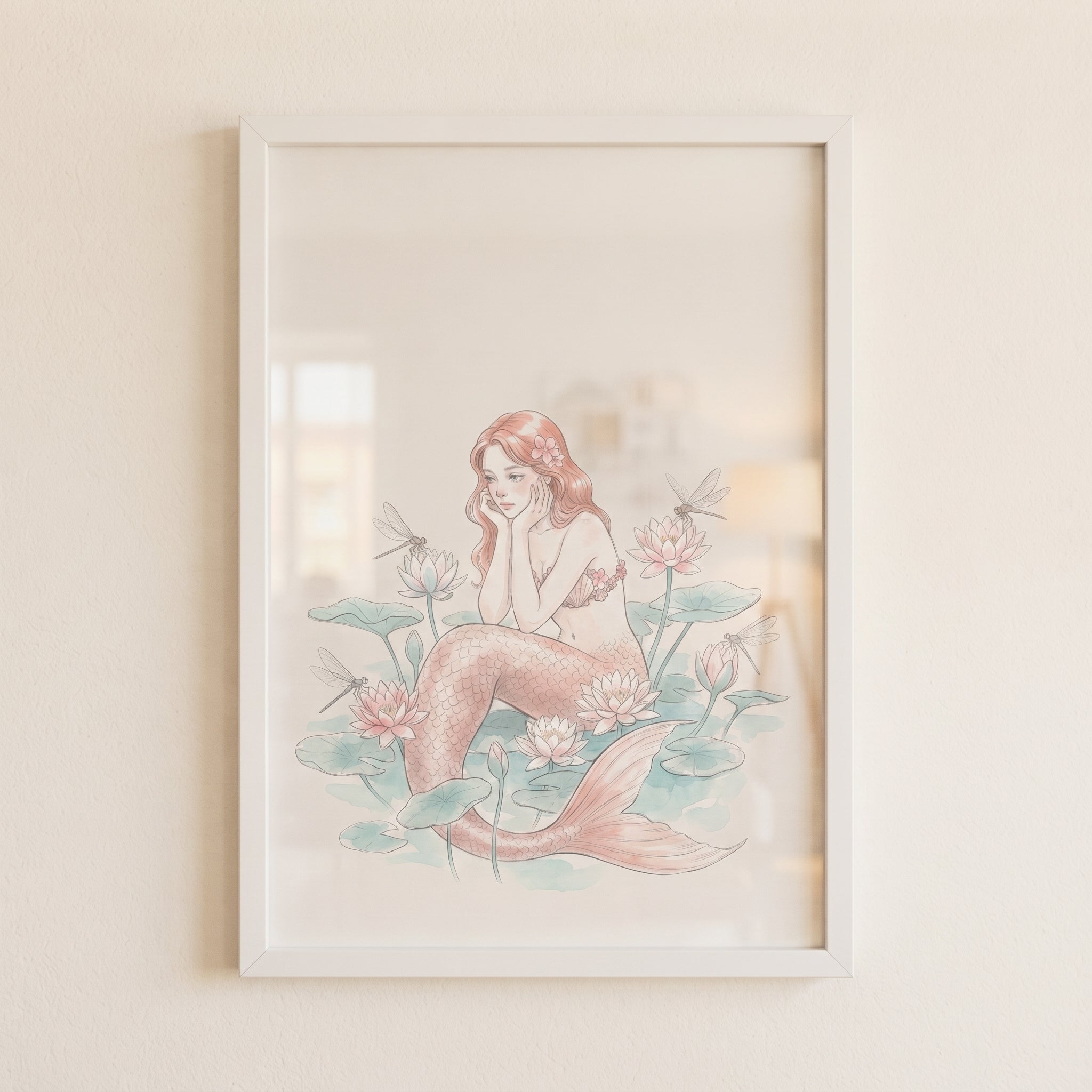Whimsical Pond Lotus Mermaid Wall Art - Pink Lotus Mermaid