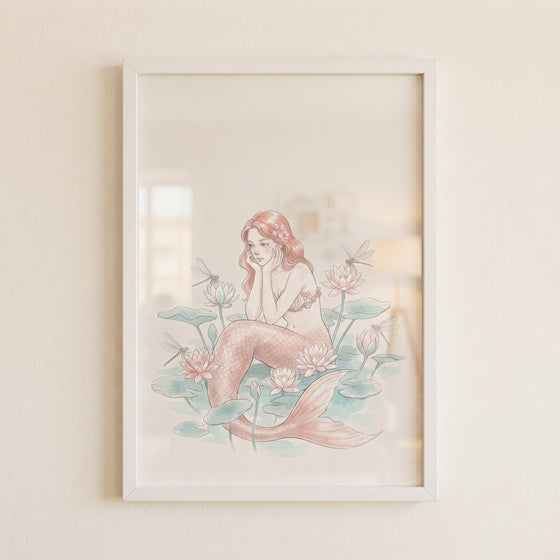 Framed whimsical pond lotus mermaid wall art featuring a pink mermaid resting among dragonflies and flowers.