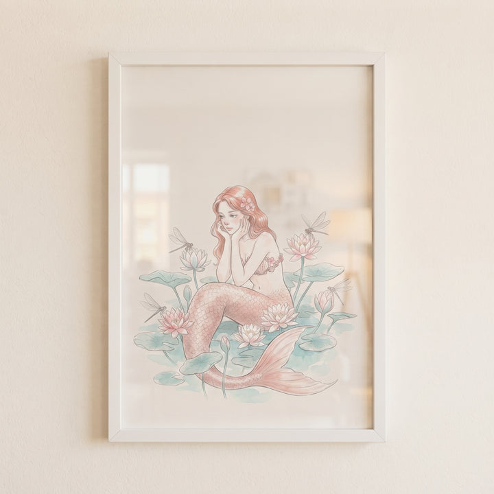 Framed whimsical pond lotus mermaid wall art featuring a pink mermaid resting among dragonflies and flowers.