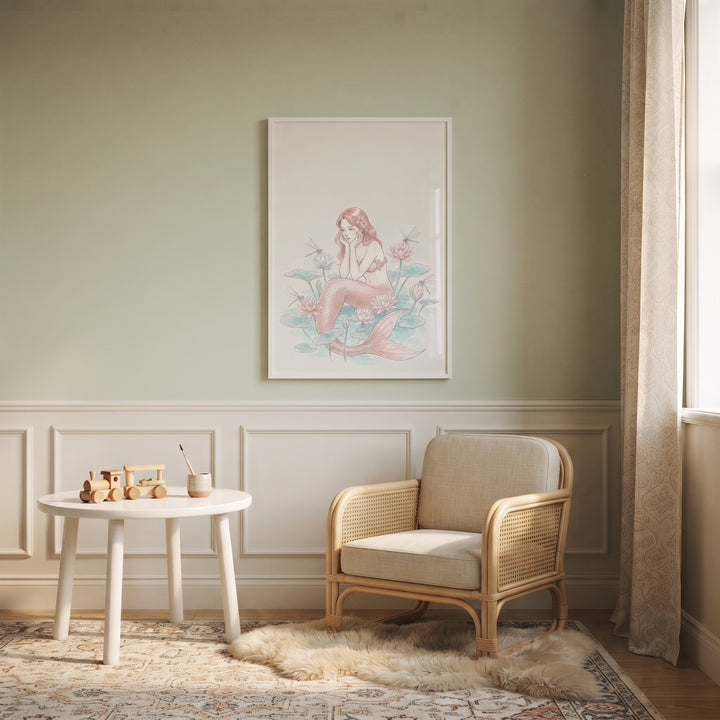 Playroom with a rattan armchair, wooden toy train, and whimsical pond lotus mermaid wall art on light green walls.