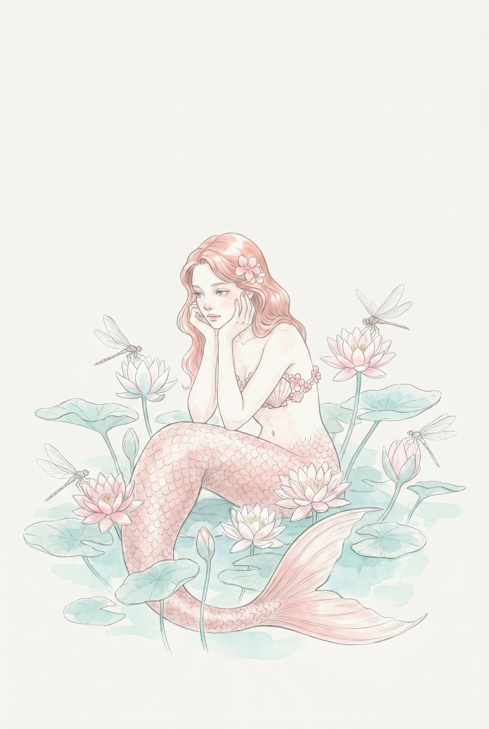 Whimsical Pond Lotus Mermaid Wall Art - Pink Lotus Mermaid
