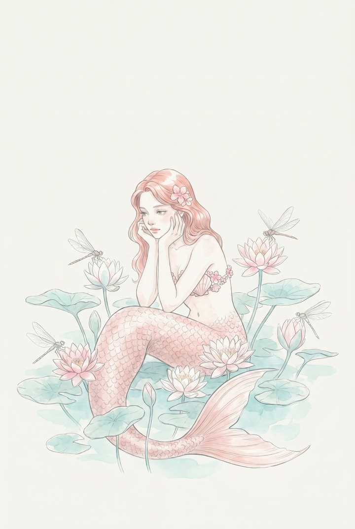 Whimsical pond lotus mermaid wall art featuring a pink mermaid sitting among blooming flowers and dragonflies.