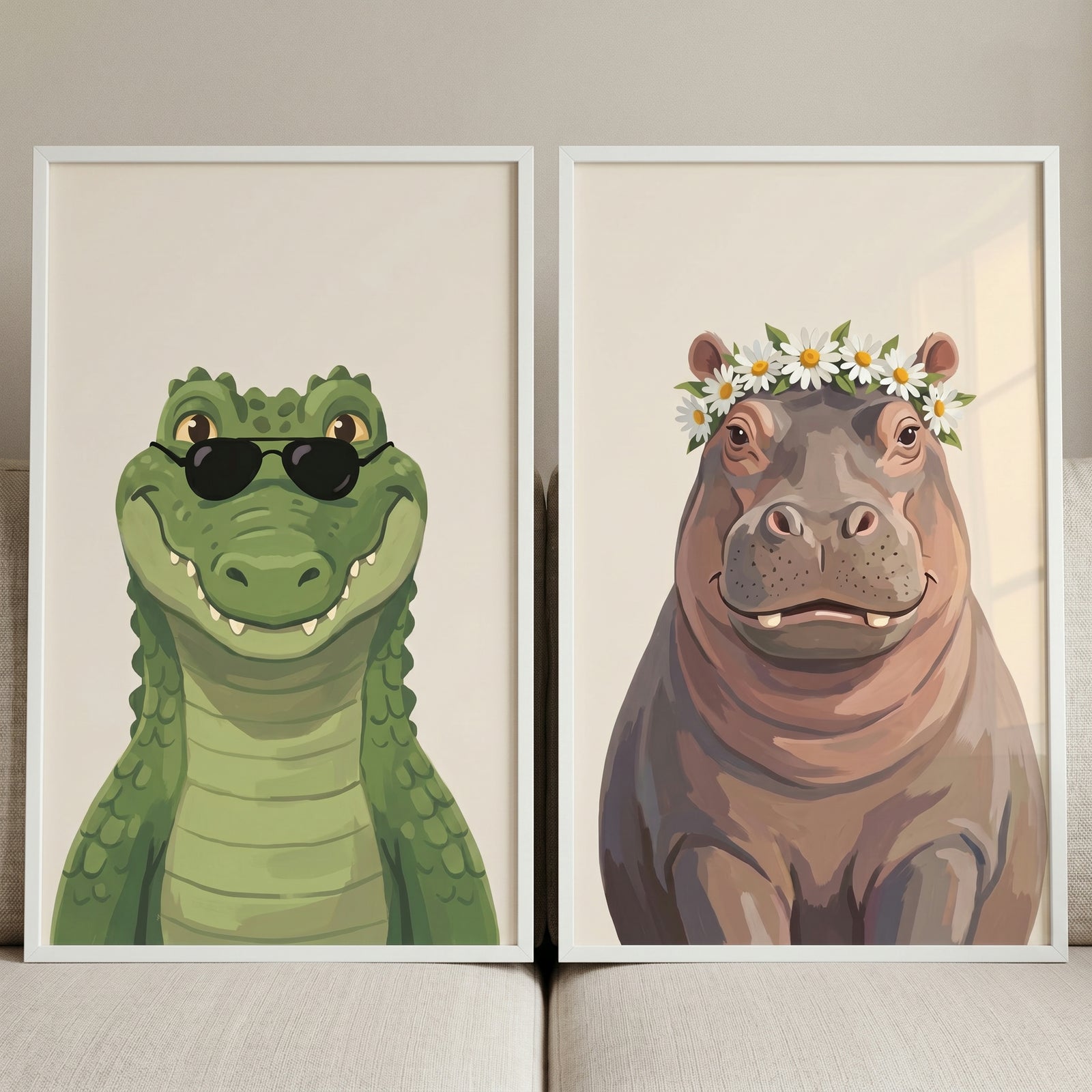Whimsical portrait safari animal wall art set of 2 with a crocodile in sunglasses and a hippo wearing a flower crown.