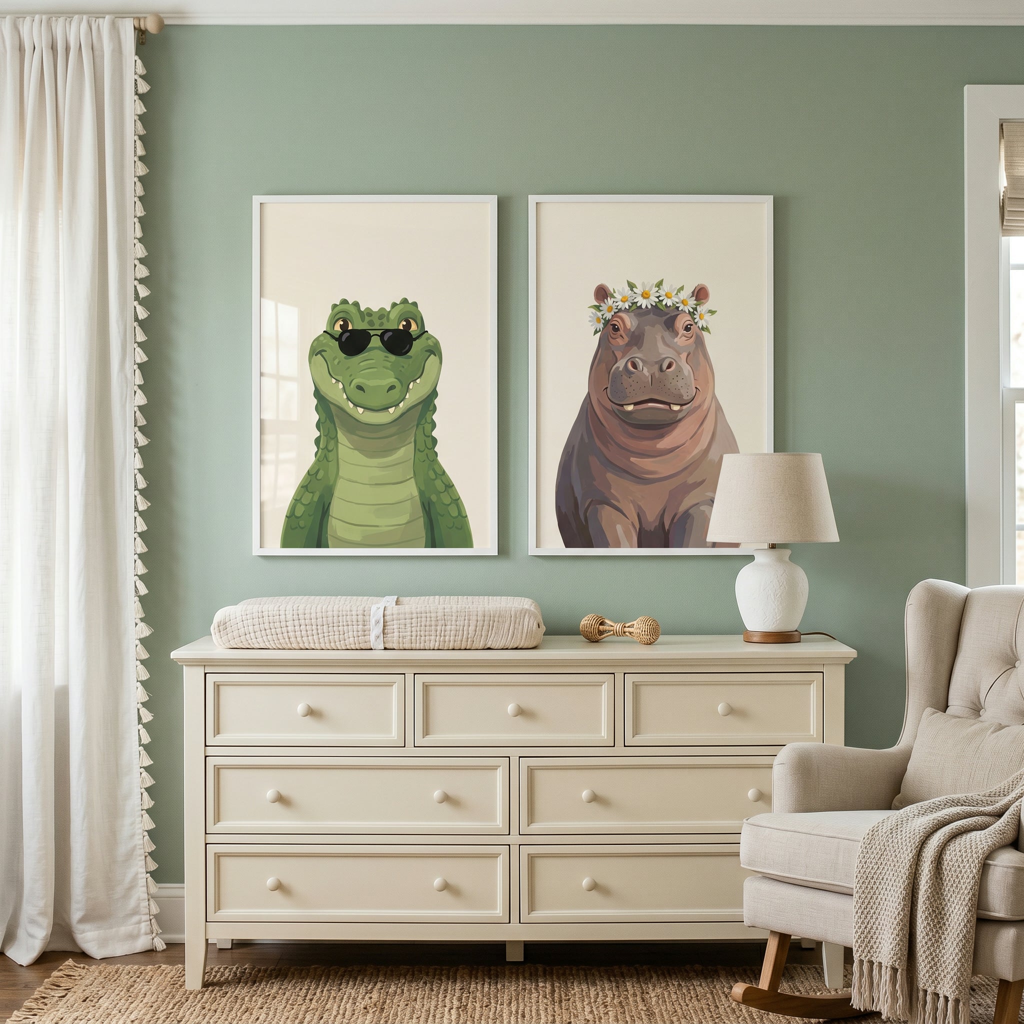 Whimsical Portrait Safari Animal Wall Art Set of 2 - Floral Jungle Duo
