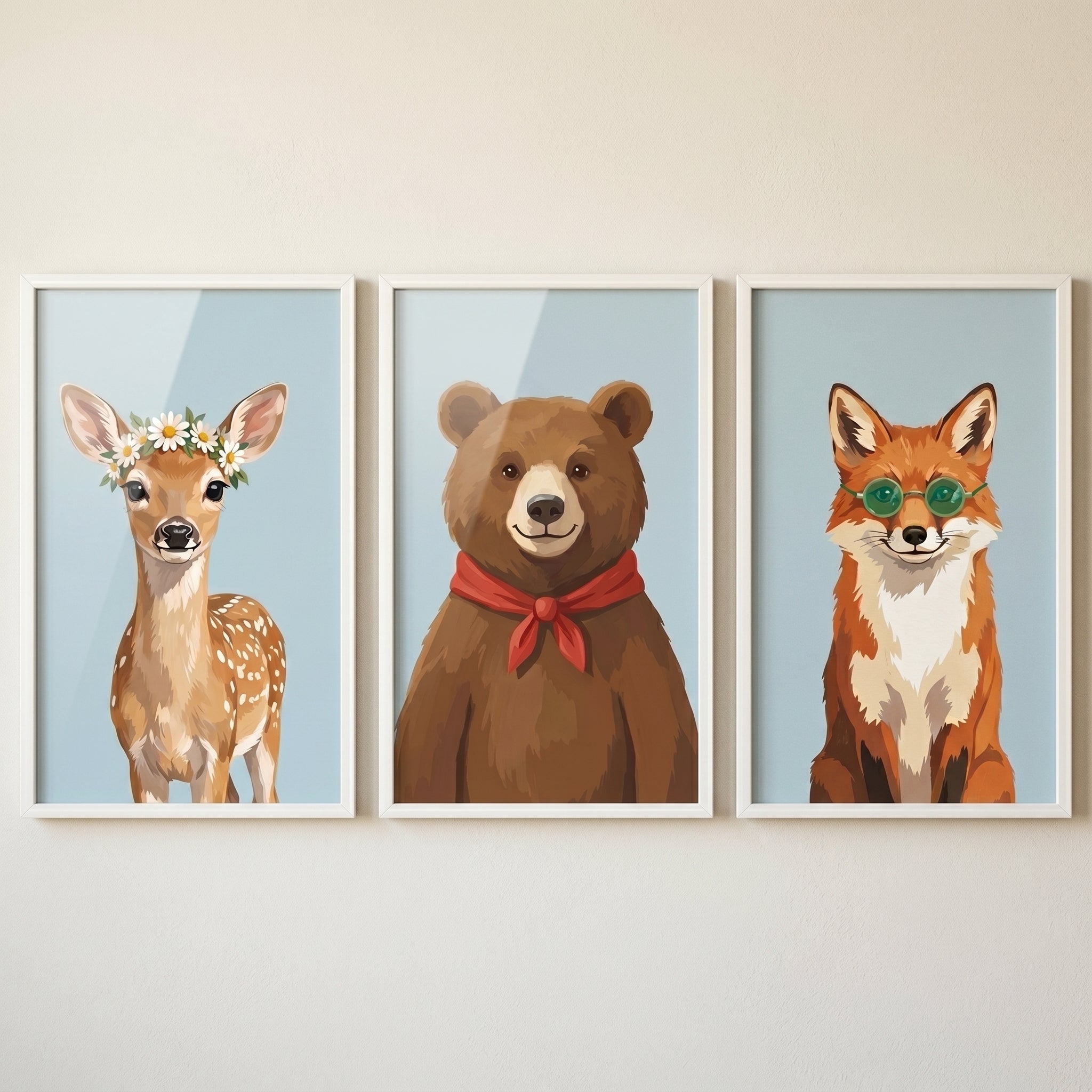 Whimsical Portrait Woodland Animal Wall Art Set of 3 - Woodland Friends Trio
