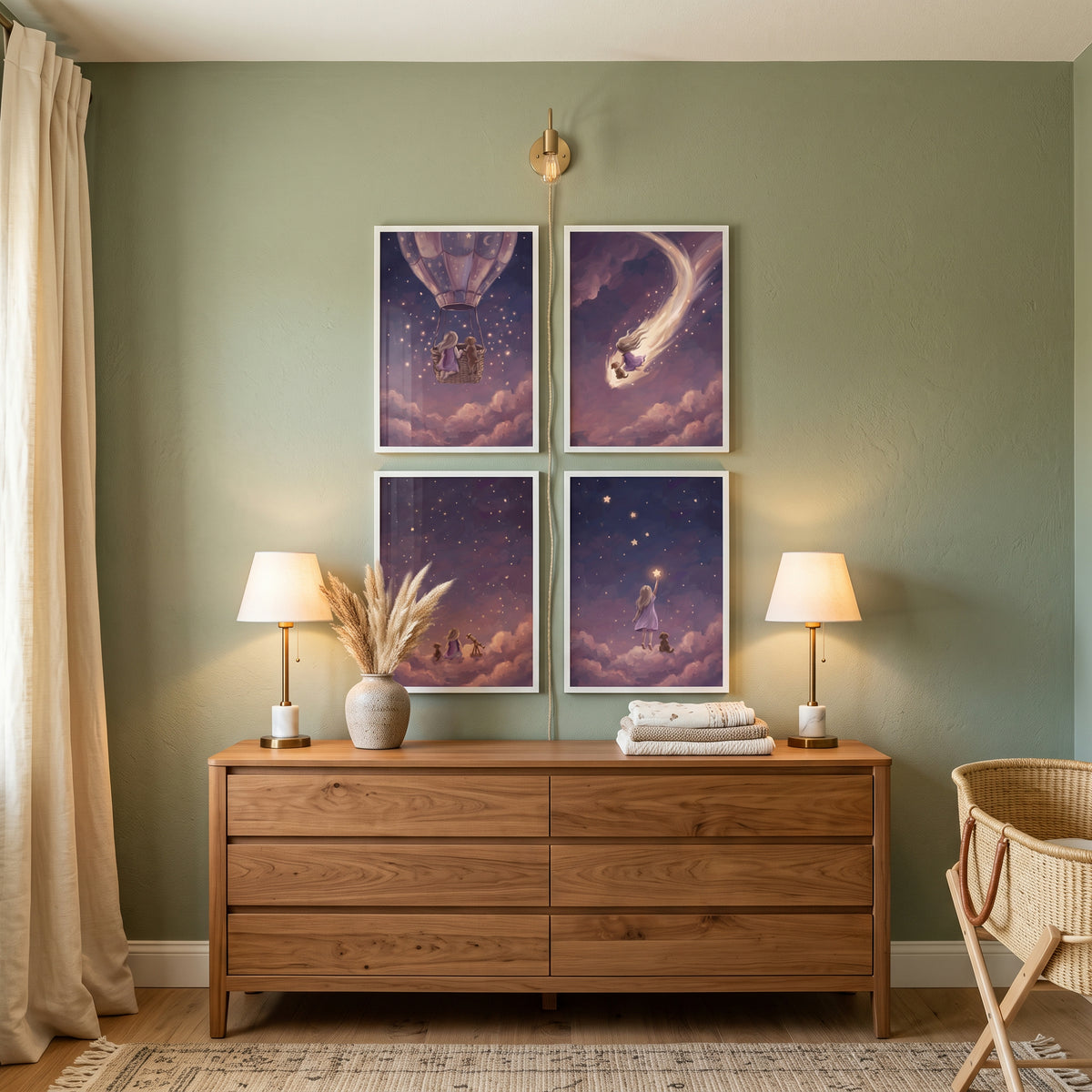 Whimsical Purple Girl Dog Wall Art Set of 4 - Starry Night Voyage