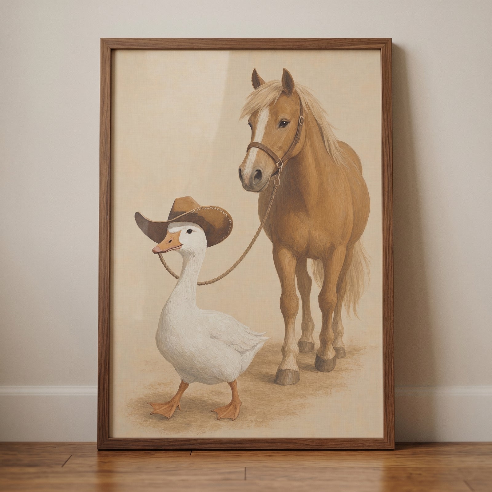 Whimsical ranch cowboy goose wall art of a white goose in a cowboy hat leading a light brown horse by a rope.