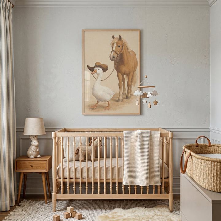 Nursery with a wood crib, rabbit lamp, and whimsical ranch cowboy goose wall art of a goose leading a horse.