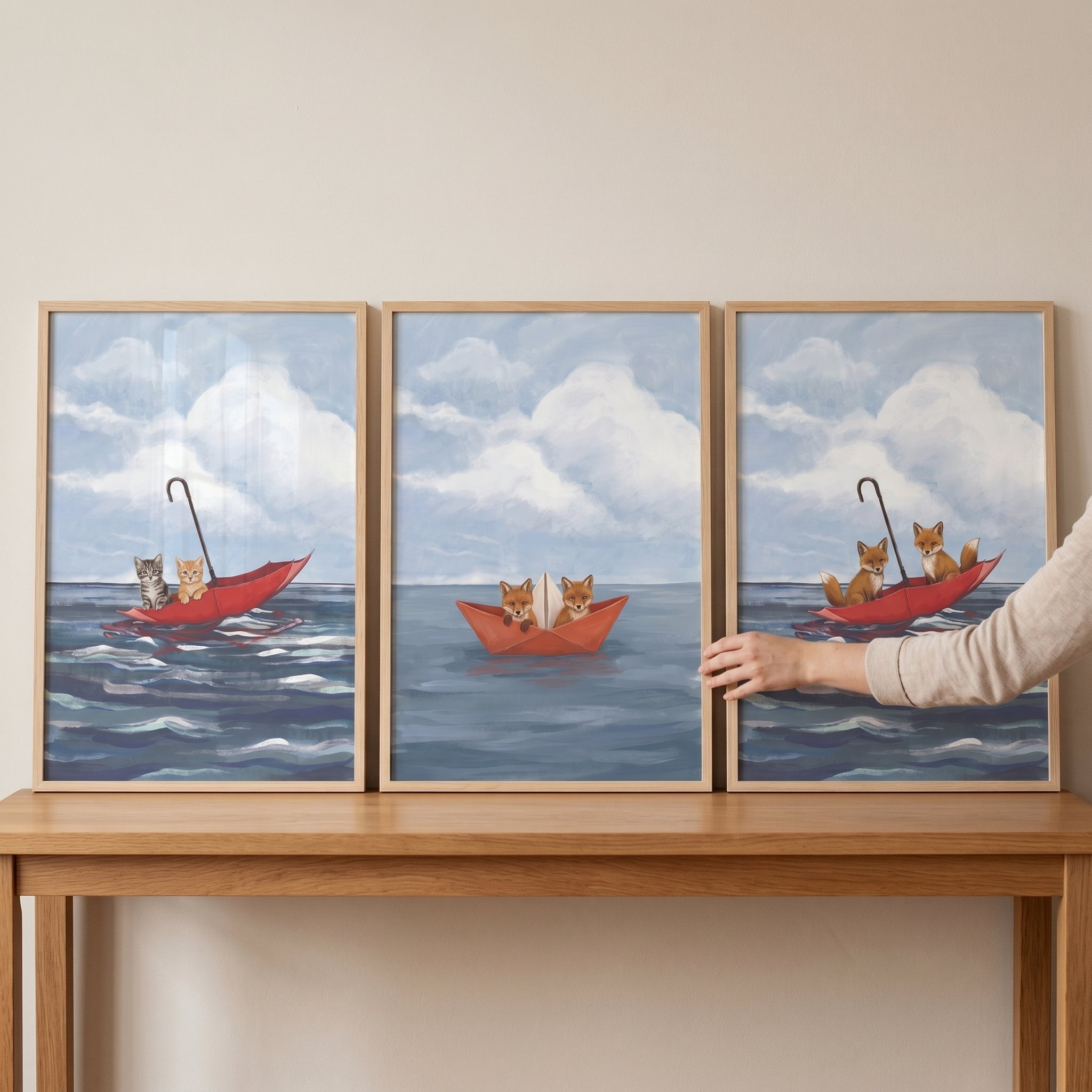 Whimsical Red Boat Animals Wall Art Set of 3 - Crimson Boat Voyage