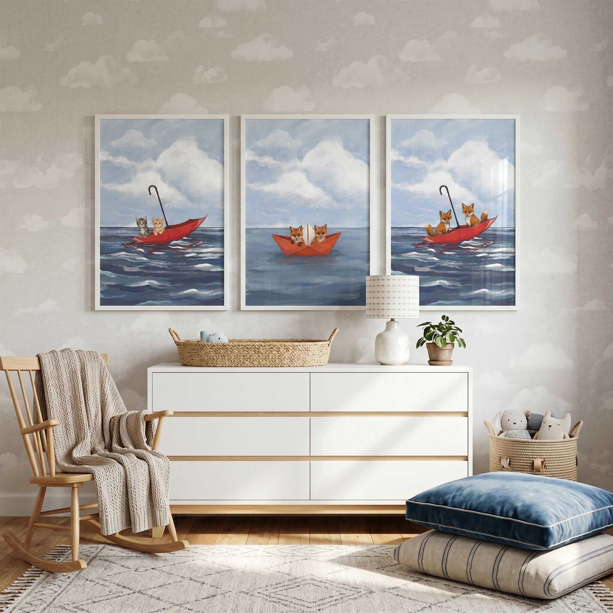 Whimsical Red Boat Animals Wall Art Set of 3 - Crimson Boat Voyage