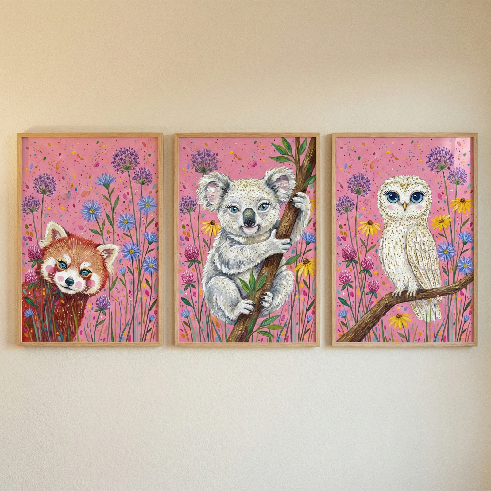 Three framed illustrations are displayed side-by-side on a light-colored wall. Each artwork features a different animal in a whimsical style against a vibrant pink backdrop filled with colorful wildflowers, including purple globe-shaped blooms and blue daisies. On the left, a red panda peers through the flora. In the center, a fluffy grey koala clings to a tree branch. On the right, a white and brown owl sits perched on a branch. Each animal is depicted with large, expressive blue eyes.