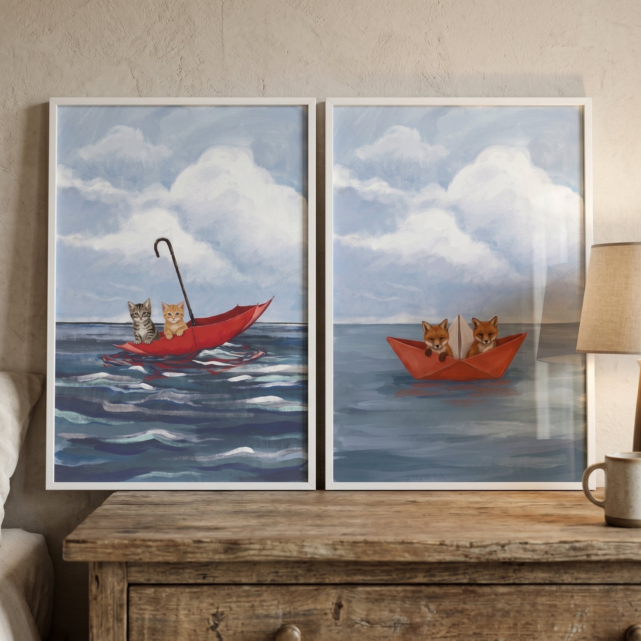 Whimsical Red Vessel Animals Wall Art Set of 2 - Drifting Sea Friends