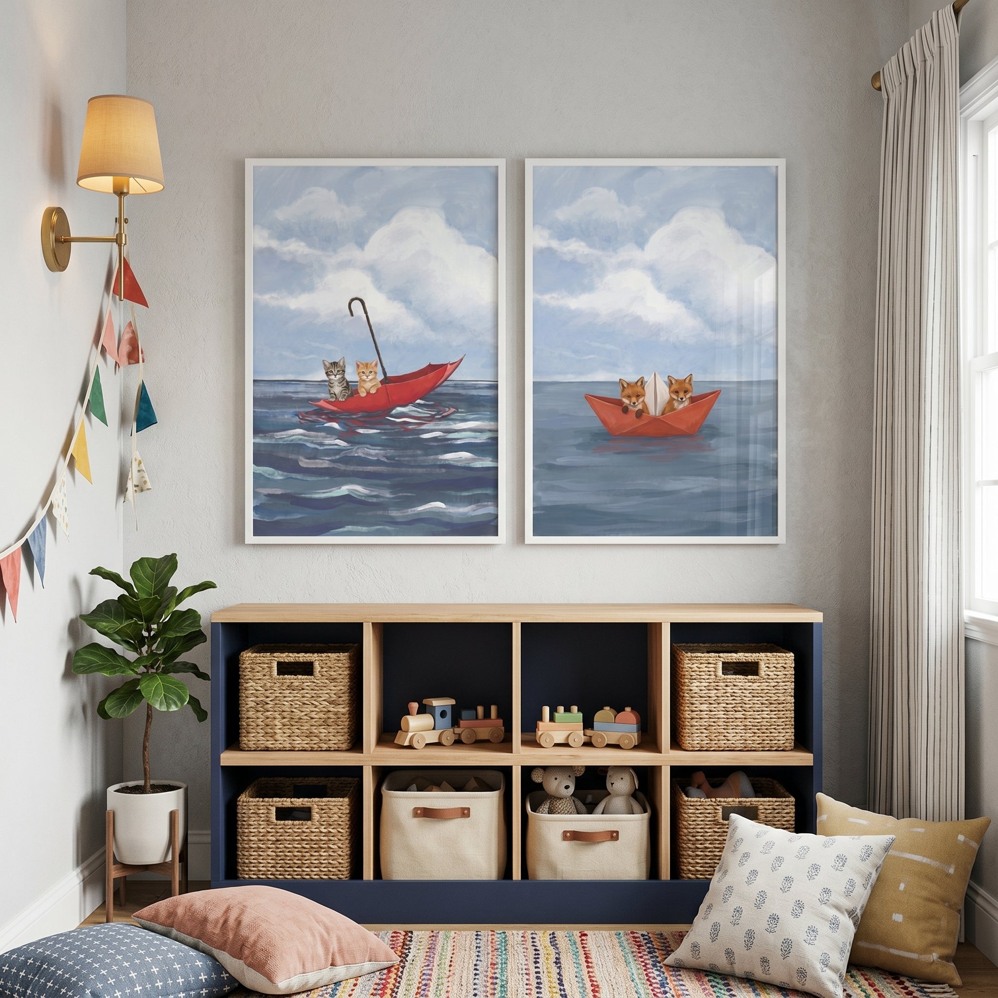 Whimsical Red Vessel Animals Wall Art Set of 2 - Drifting Sea Friends