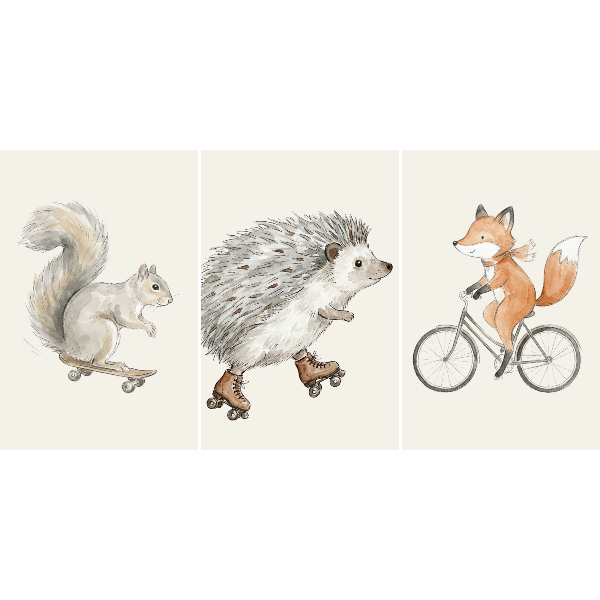 Whimsical Riding Woodland Animals Wall Art Set of 3 - Animals On Wheels