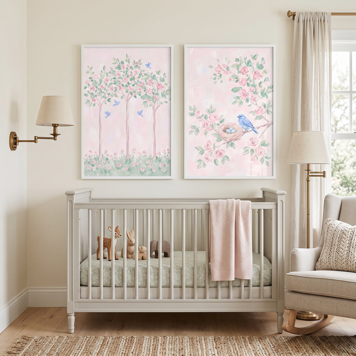 Whimsical Rose Blue Bird Wall Art Set of 2 - Serene Rose Garden
