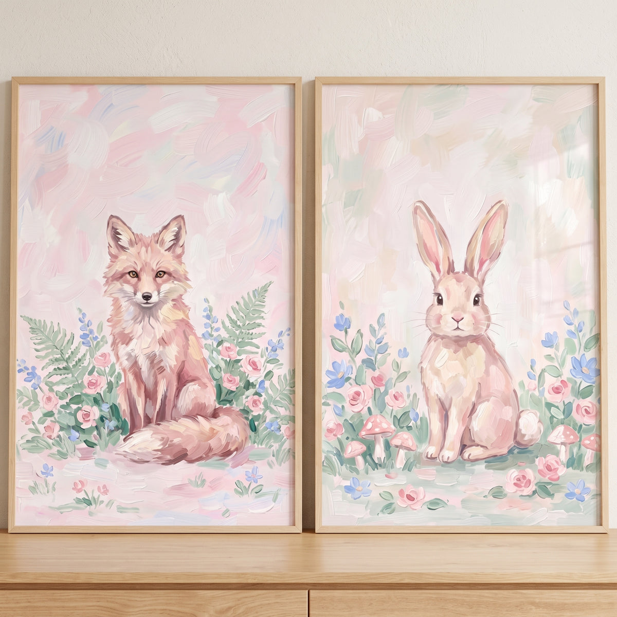 Framed fox and rabbit in this whimsical rose garden animals wall art set of 2 with flowers, ferns, and mushrooms.