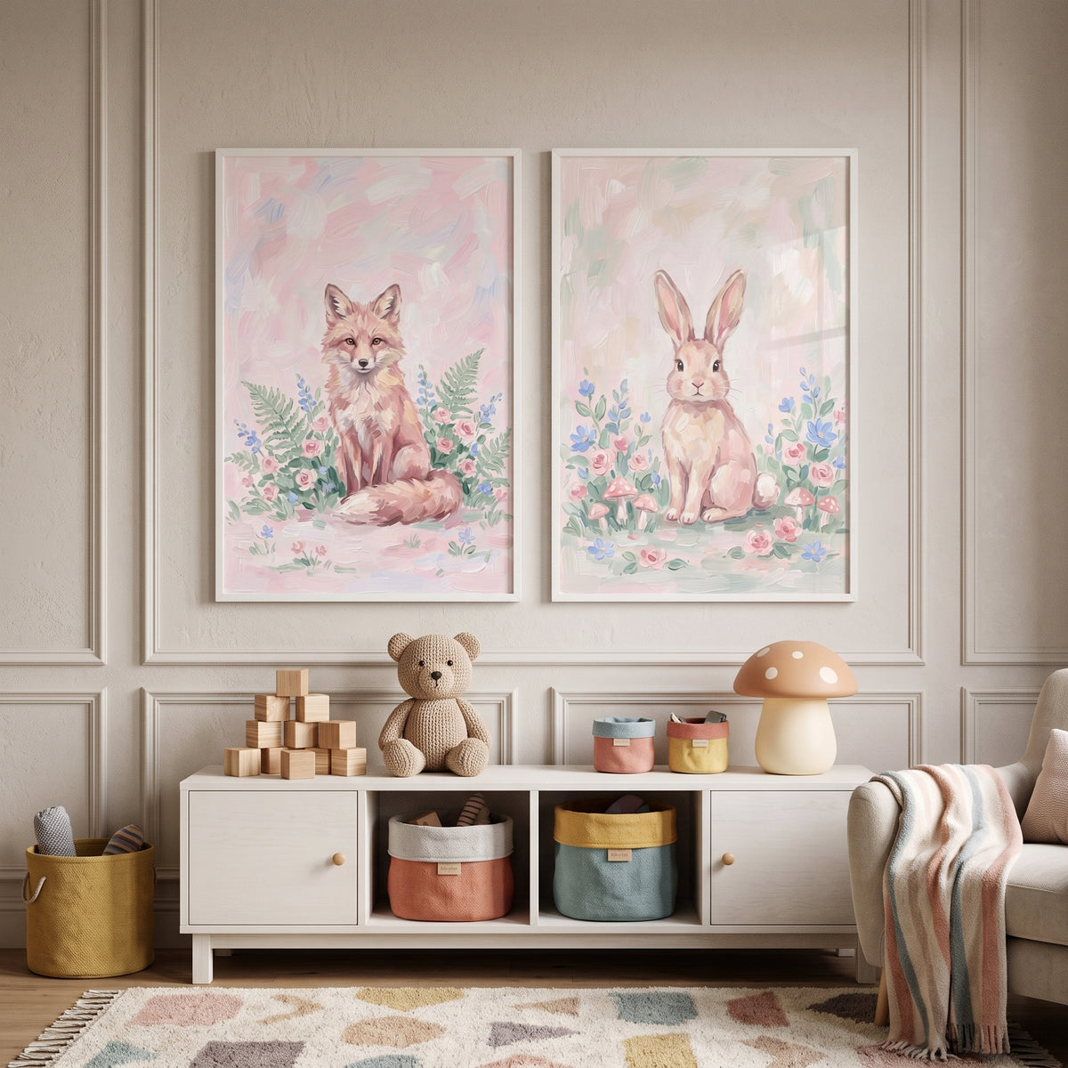 Whimsical Rose Garden Animals Wall Art Set of 2 - Pastel Forest Pair
