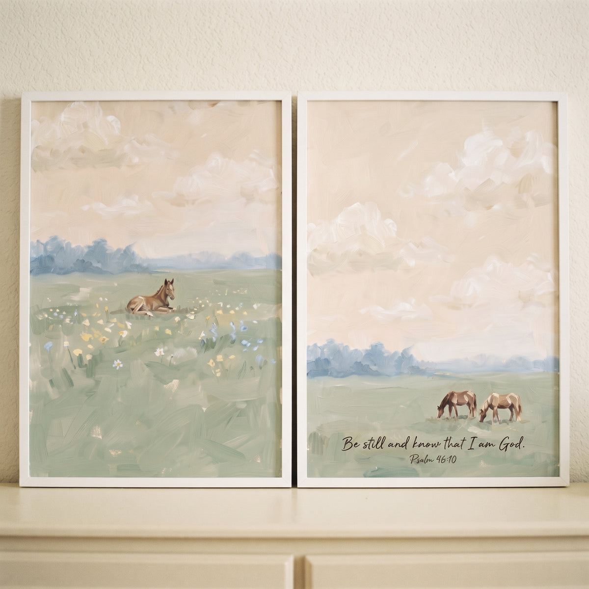 Whimsical Sage Pasture Horse Wall Art Set of 2 - Peaceful Pasture Verse