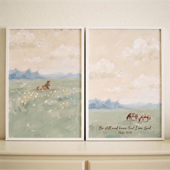 Whimsical sage pasture horse wall art set of 2 featuring horses in a field with a Psalm scripture verse and soft clouds.