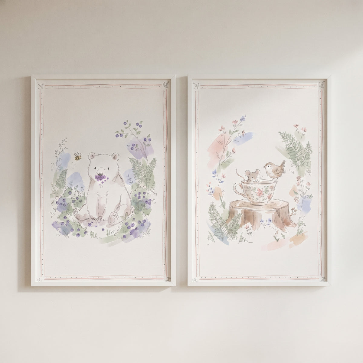 Whimsical Sketch Forest Animal Artwork Set of 2 - Gentle Woodland Dreams
